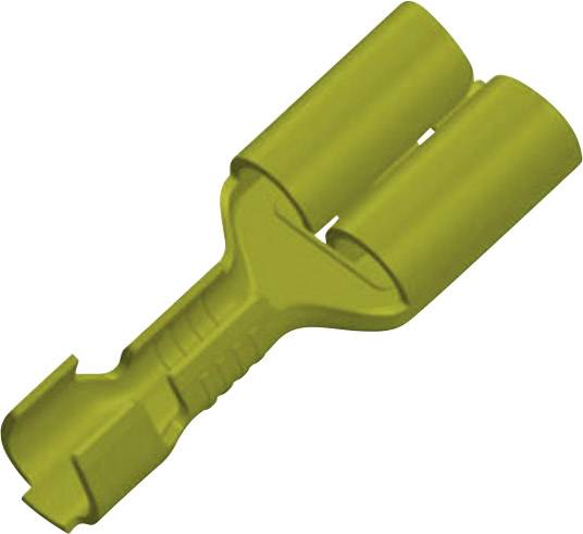 Yellow cable connector with two circular openings and a ribbed handle, typically used for electrical connections.