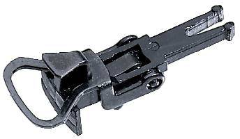 Black metal stapler used for fastening objects. It features a lever mechanism and a holder.