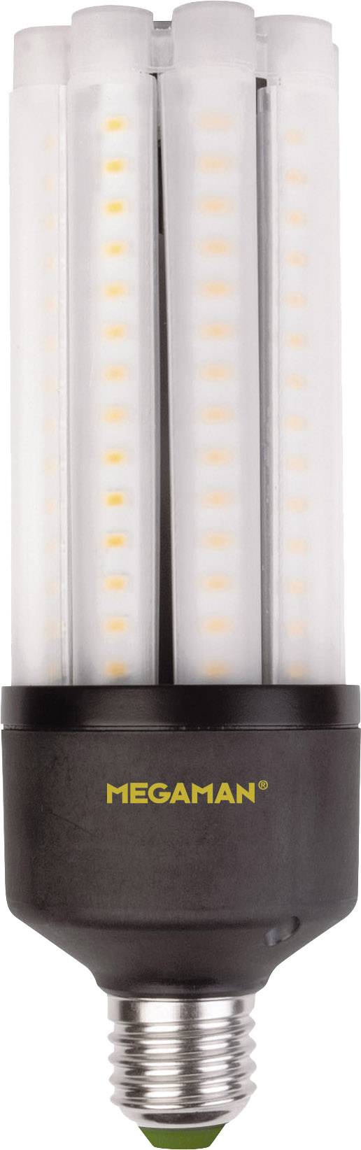 A LED lamp with vertical illumination strips and a black base. The brand 'MEGAMAN' is printed on the socket.