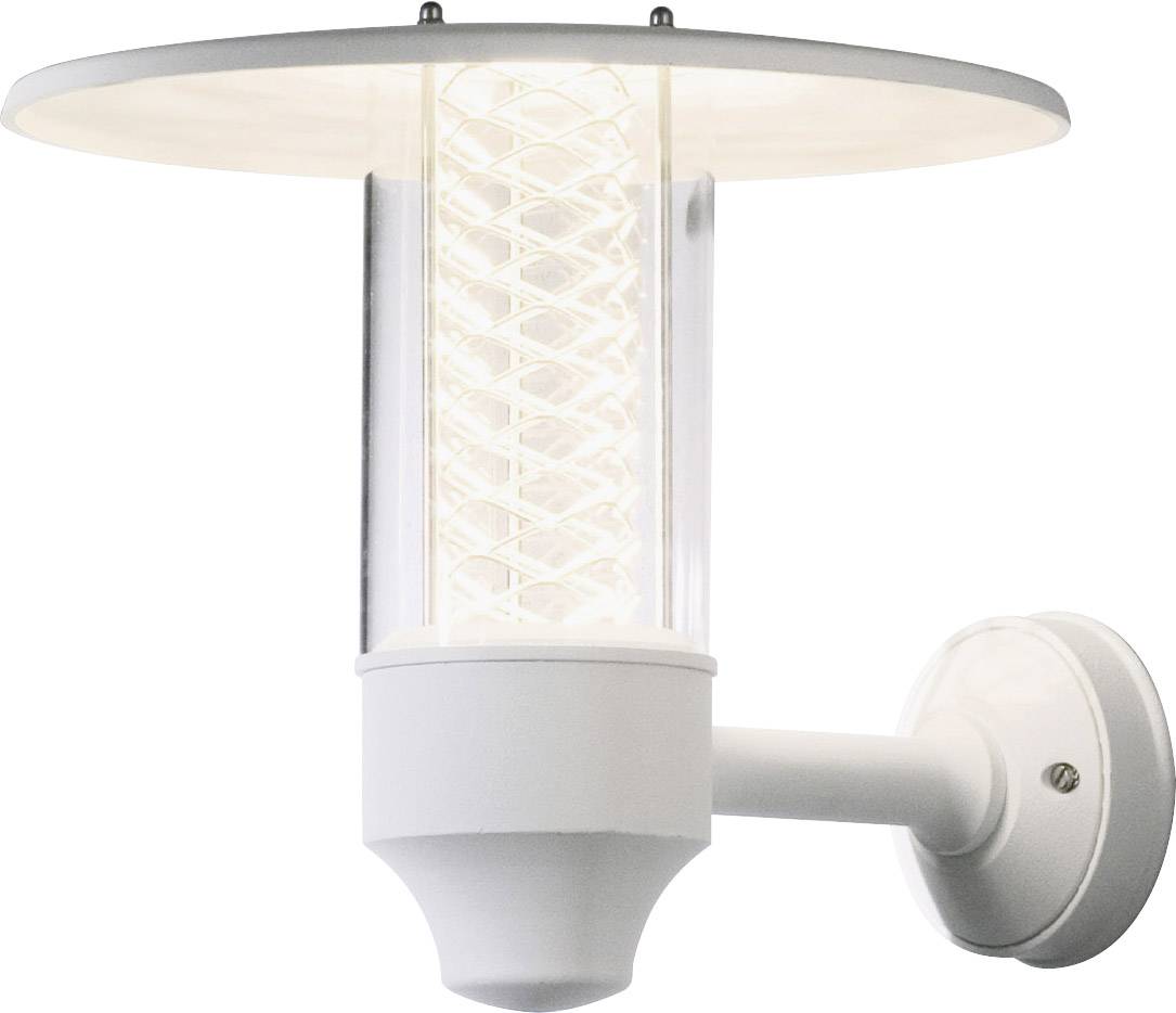 White, wall-mounted outdoor light with a spiral-shaped LED bulb beneath a flat, circular shade.