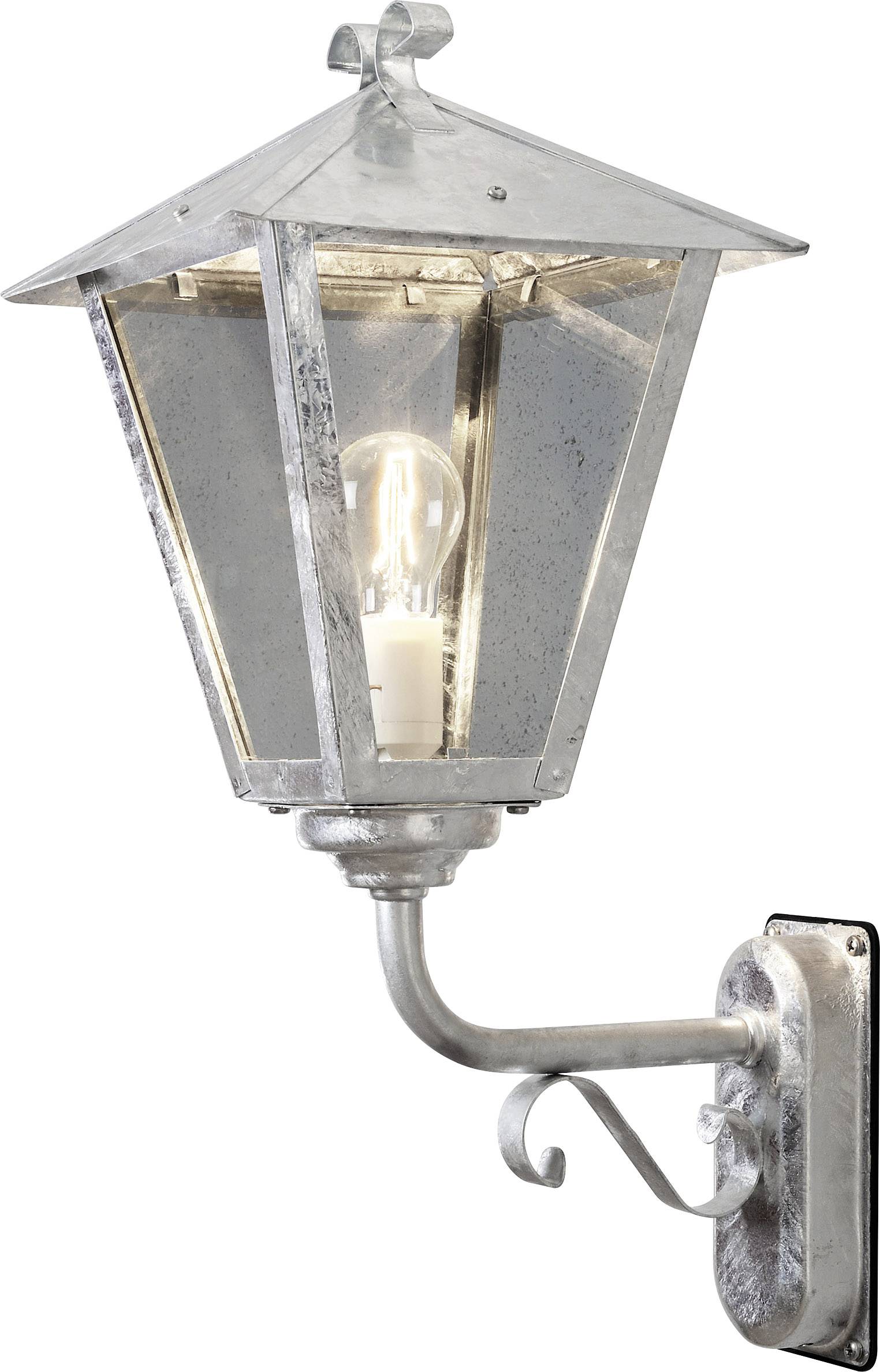 Silver outdoor lantern in a classic design, with a clear light bulb. Mounted on a curved bracket on a wall.