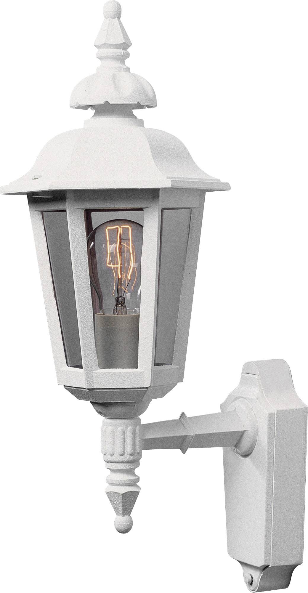White exterior wall light with retro bulb in lantern design, mounted on a wall bracket, suitable for outdoor lighting.