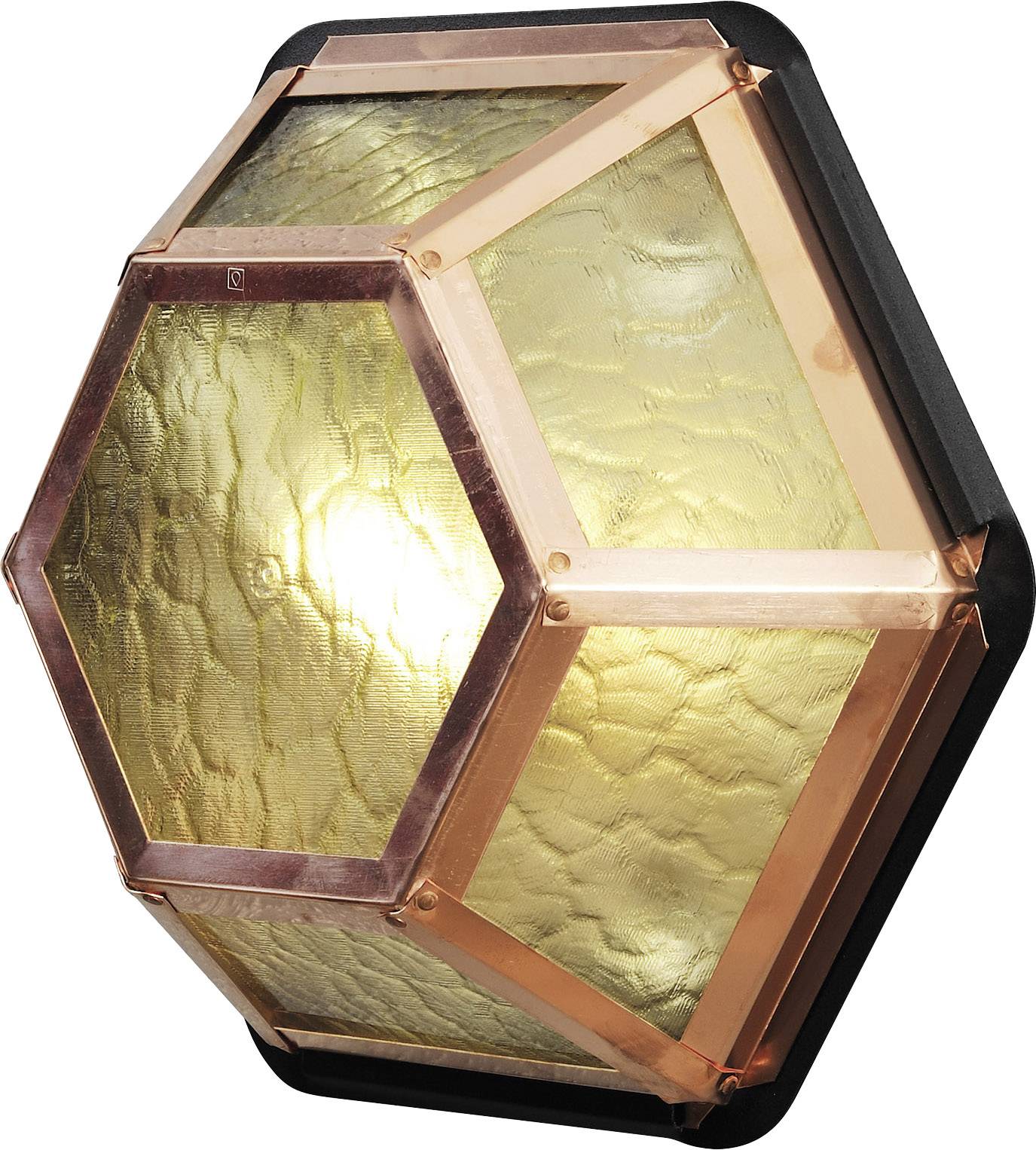 Hexagonal wall light with textured glass and copper frame, emanating warm light.