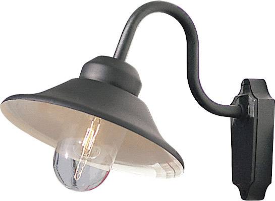 A black exterior wall light with a curved arm and visible internal bulb, mounted on the wall.