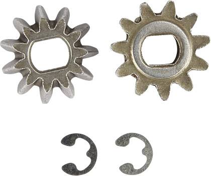 Two star-shaped gears with oval centres and two C-shaped retaining rings beneath them, on a white background.