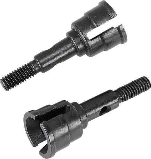 Two black metal threaded axles, one at the top and one at the bottom of the image, are lying side by side on a white background.