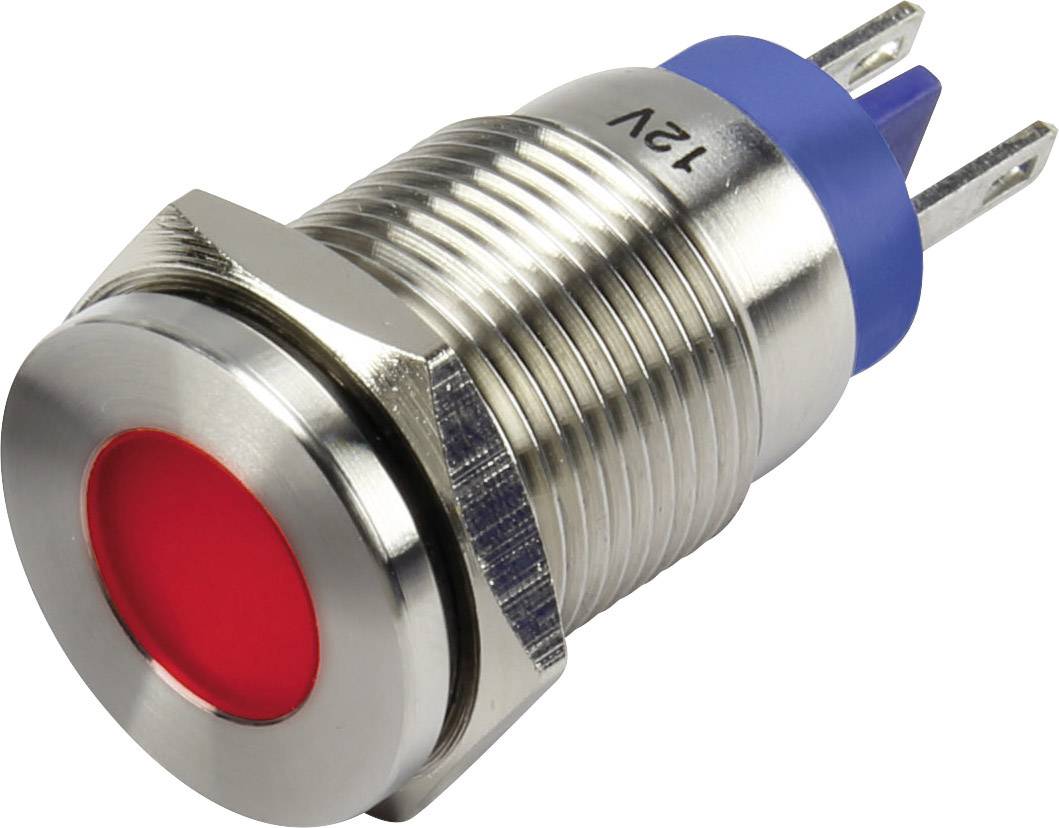 A red push button with a metal housing and blue bezel. Marking: '12V'.