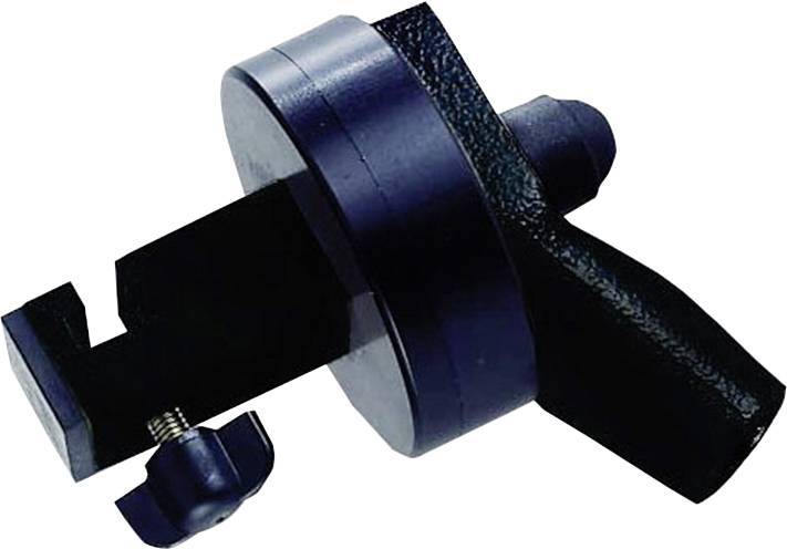 A black, cylindrical device with an adjustable arm and screw, likely a mounting tool for precision work.