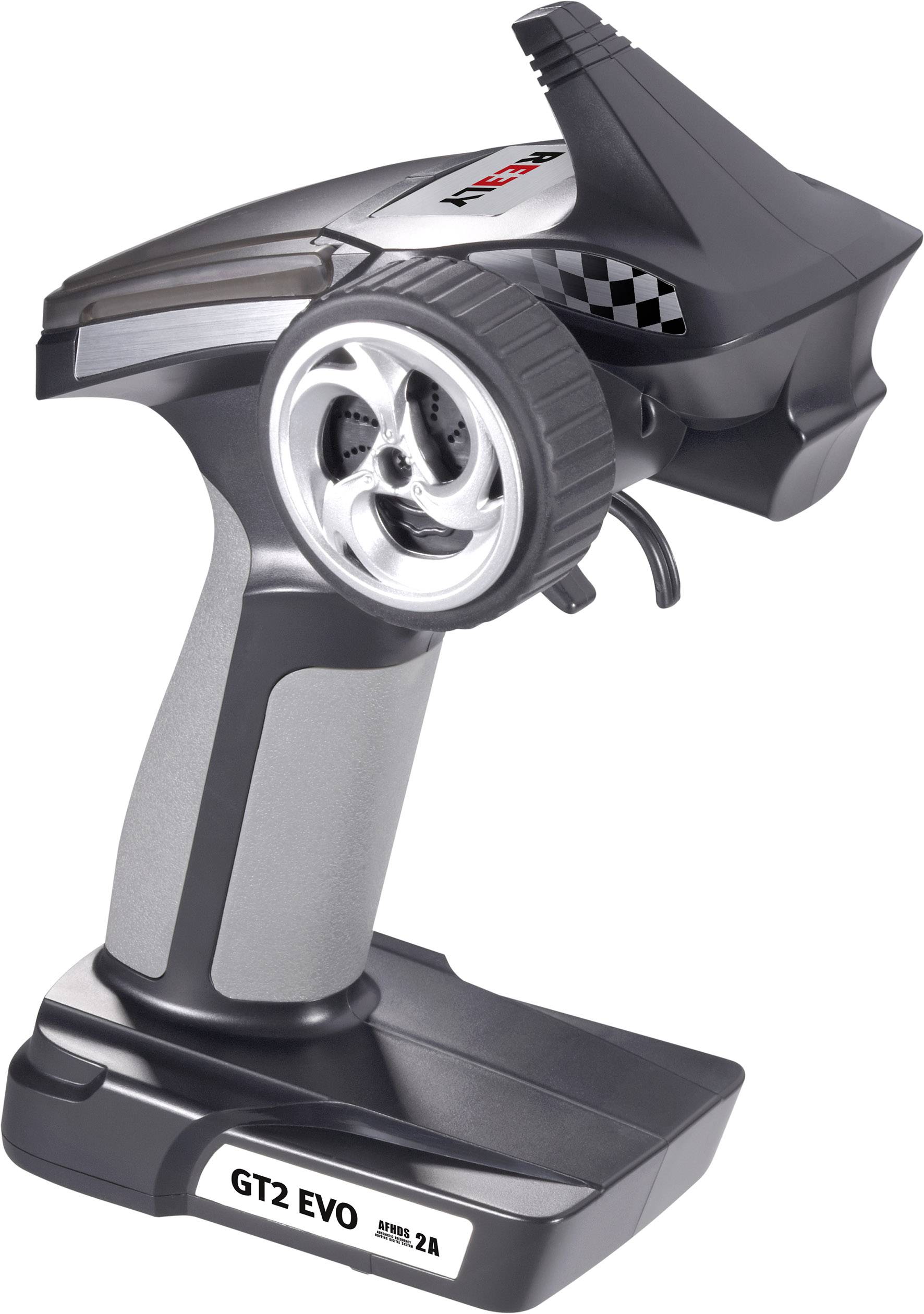 Remote control with steering wheel design, for model vehicles. The 'GT2 EVO' model is visible as the base.