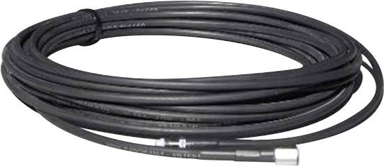 Black coaxial cable, coiled, with metal connectors at both ends, suitable for cable TV or internet connections.
