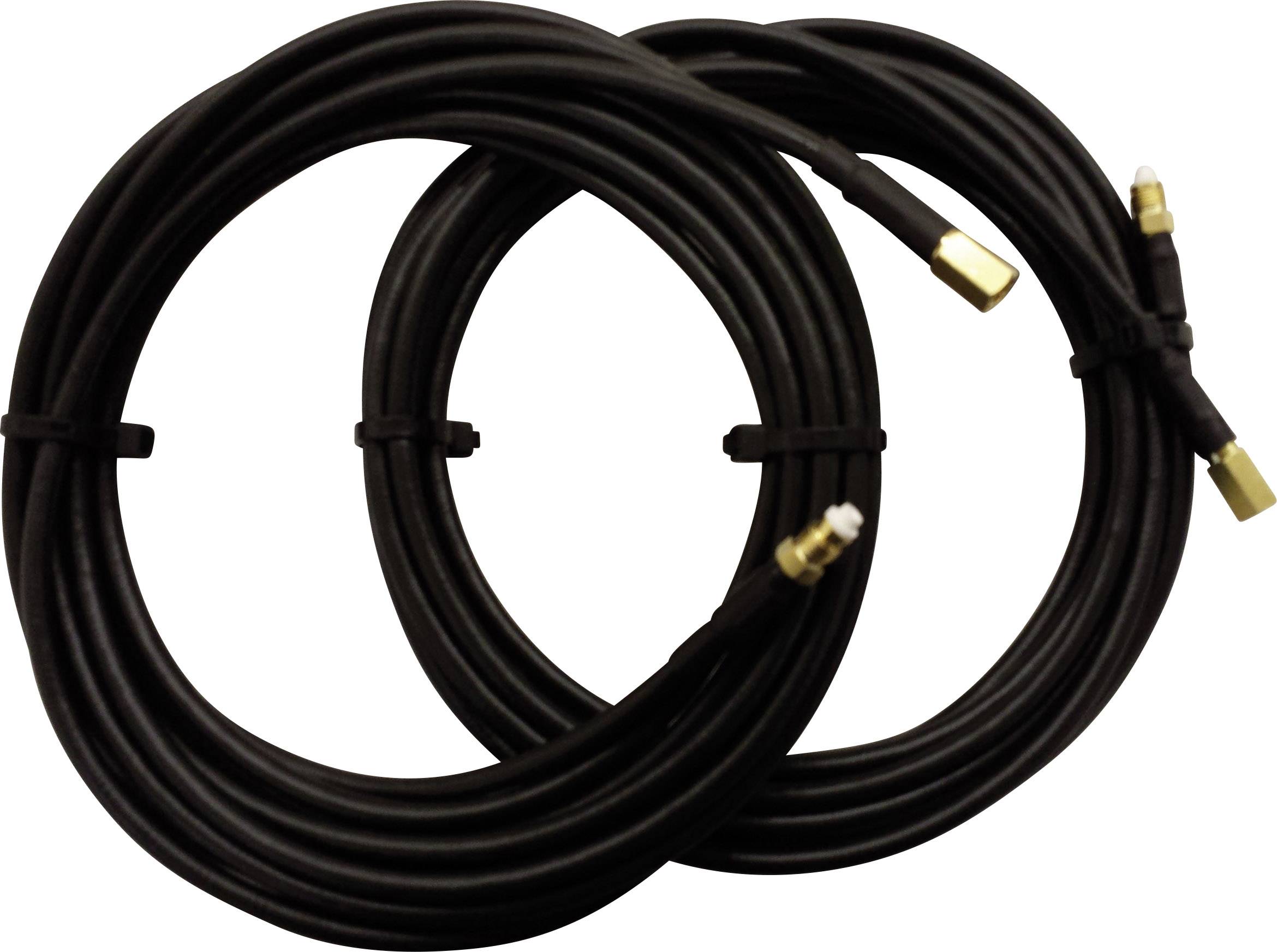 Two long, black coaxial cables with gold-plated connectors, coiled and lying side by side.