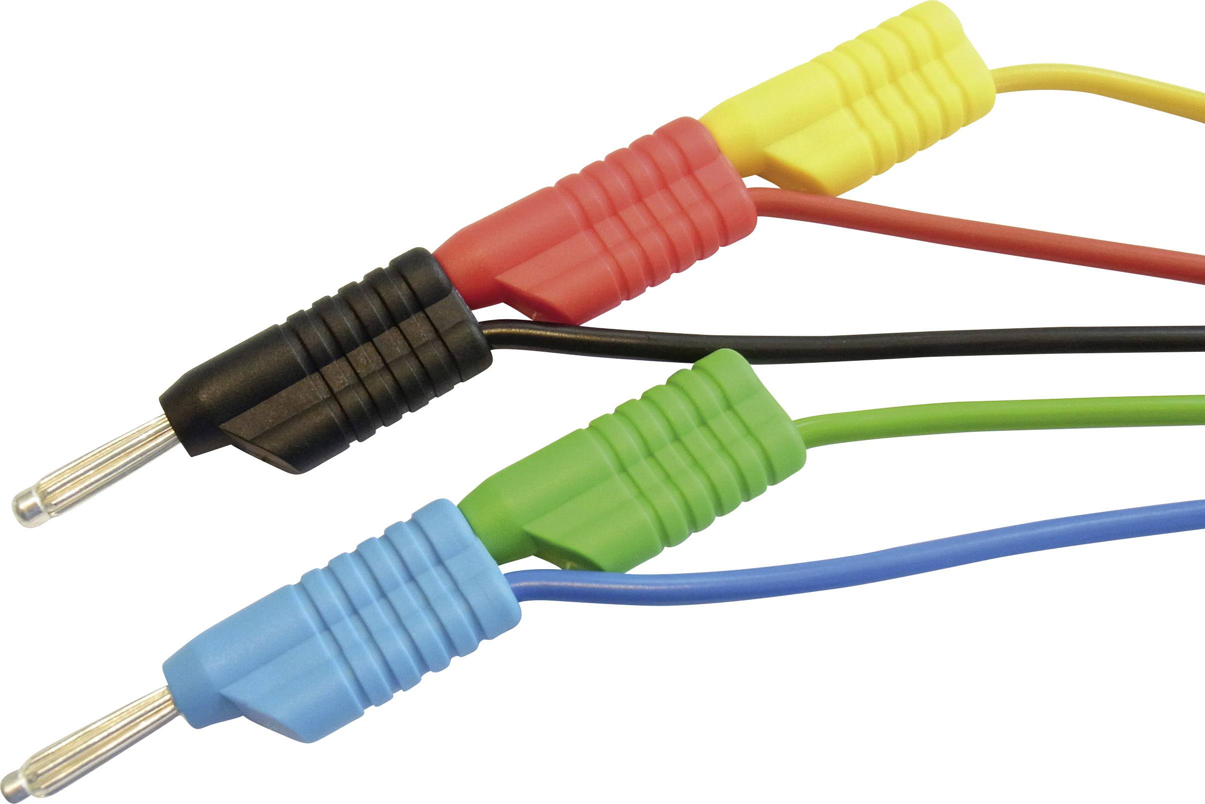 Three colourful AV cables with metal connectors lie side by side: a black, a red, and a yellow cable.