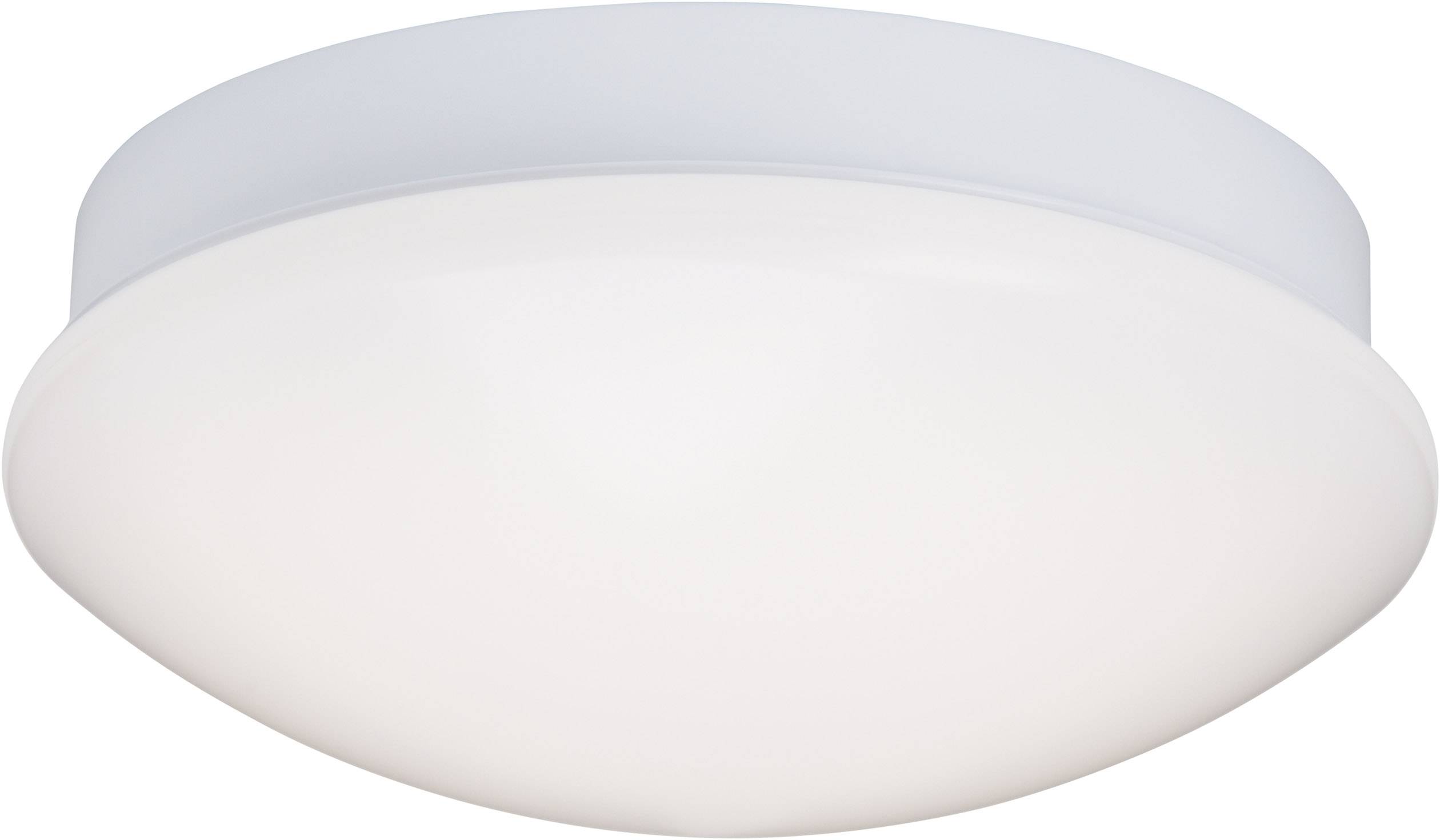 Round, flat ceiling light with a white shade. Simple design, suitable for interior spaces.