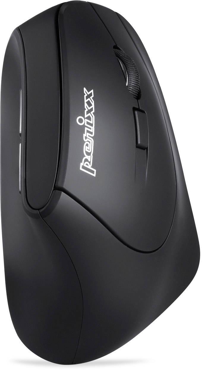 An ergonomic, black computer mouse with a vertical design and scroll wheel, suitable for comfortable computer work.