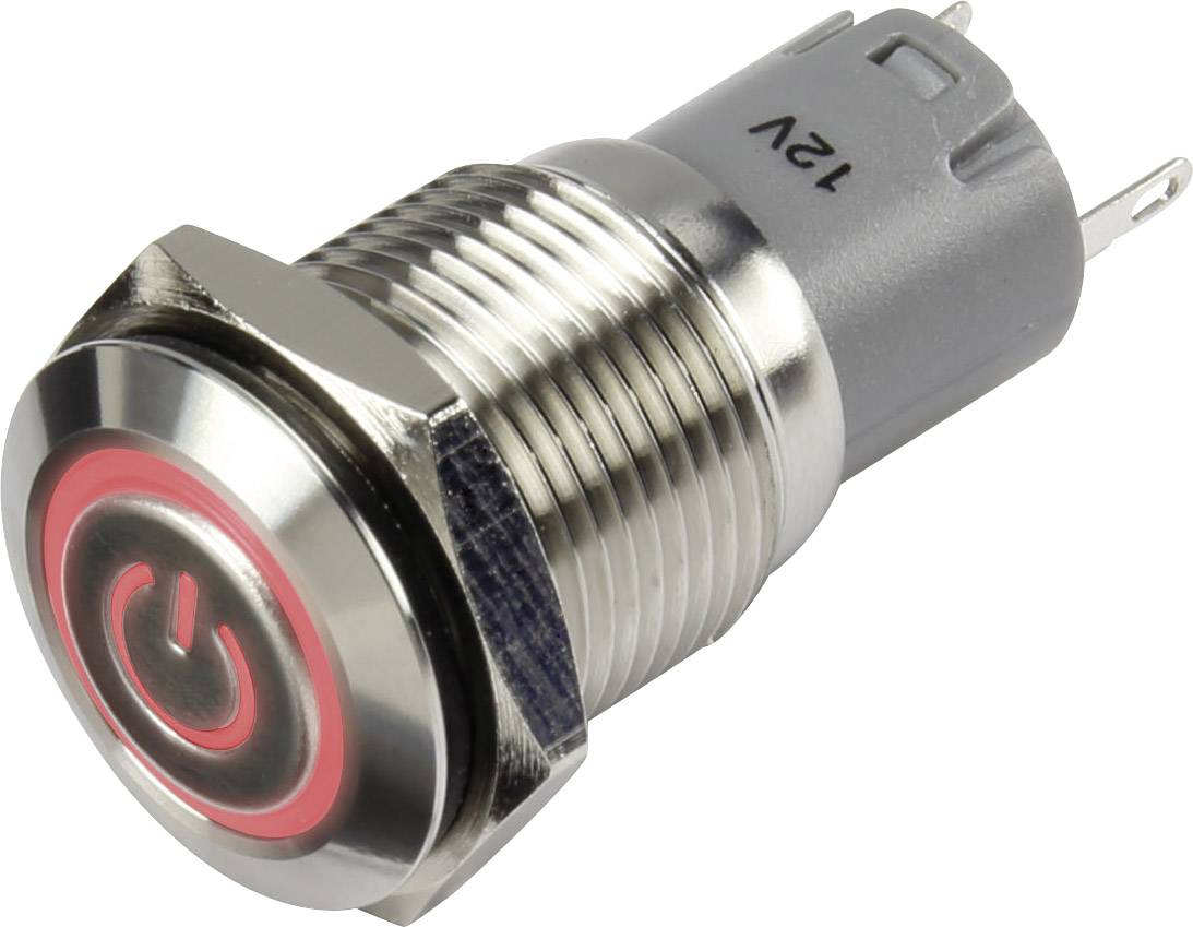 A metal push button with a red illuminated ring and power symbol, suitable for a 12V connection.