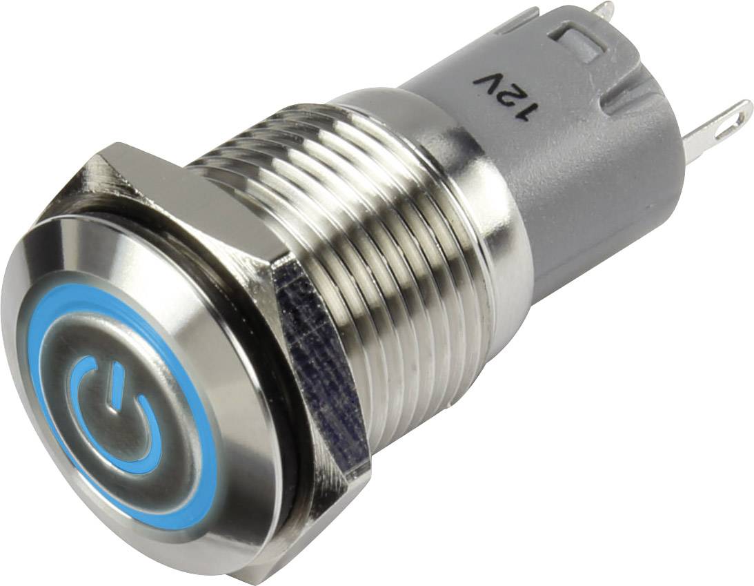 Silver push button with blue illuminated symbol for power supply, labelled with '12V', against a grey background.
