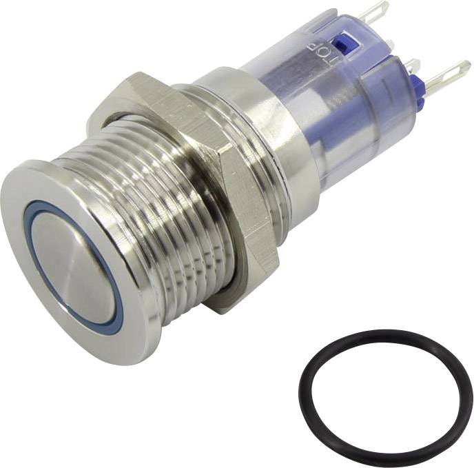 Metal switch with blue LED surround, three connecting pins and included rubber seal, for installation in electronic devices.