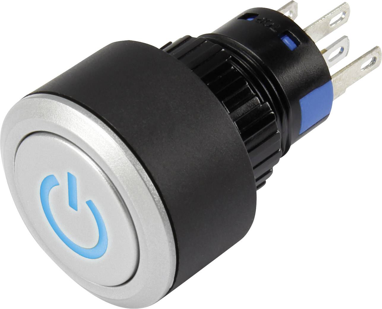 Round on/off push switch with blue symbol on silver background, electrical connections on the reverse side.