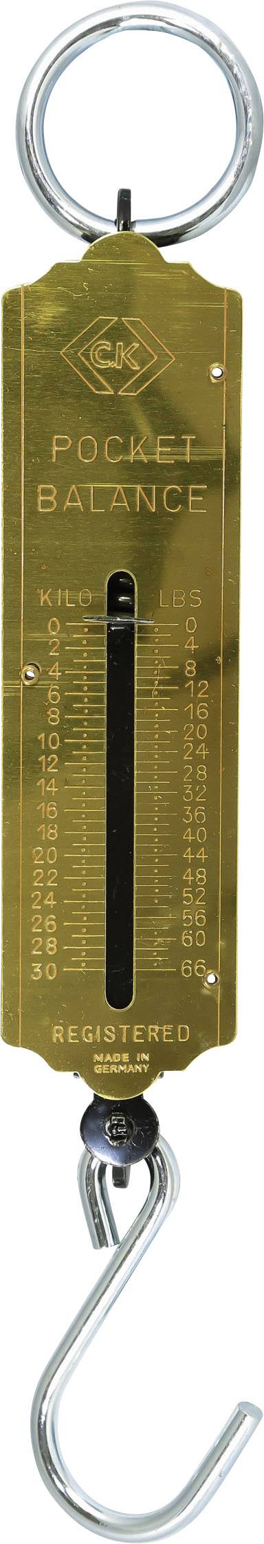 A hanging balance scale with metal hooks and a scale in kilograms and pounds. Suitable for measuring small objects or loads.