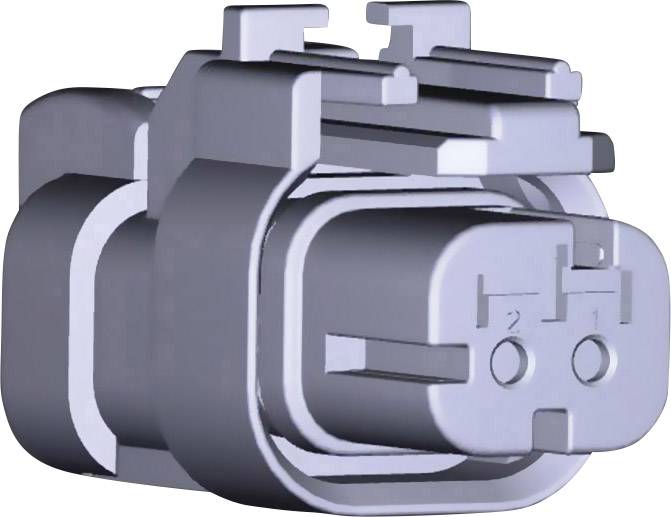 Grey, rectangular electrical connector element with two holes and structured side elements made of plastic.