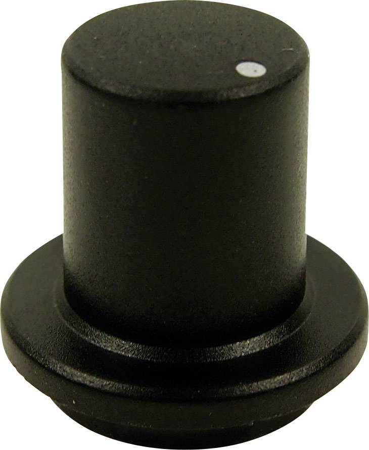 Black plastic button with a flat, round base and cylindrical body. At the top, there is a small white dot.