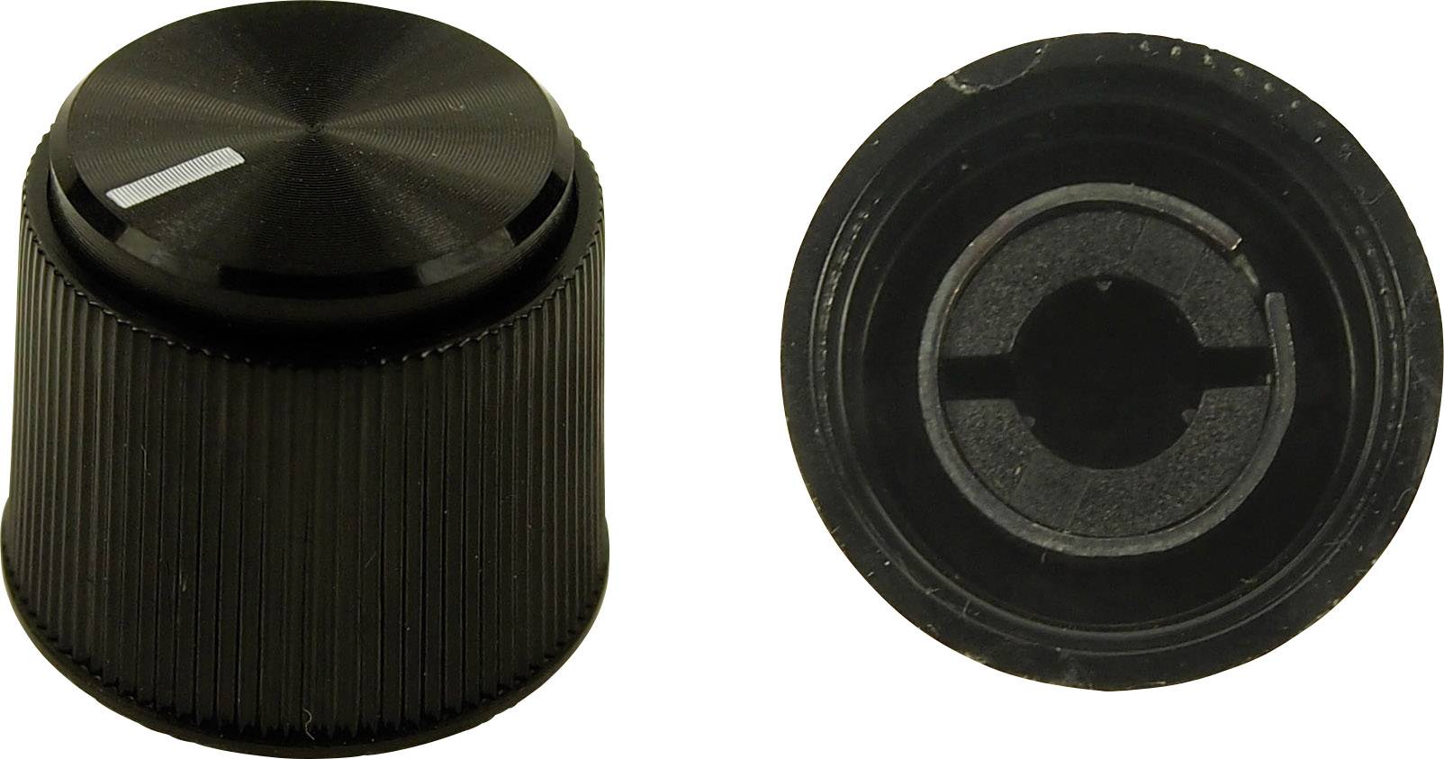 Two black rotary knobs, one viewed from above and one from the side. They are cylindrical with a ribbed surface.