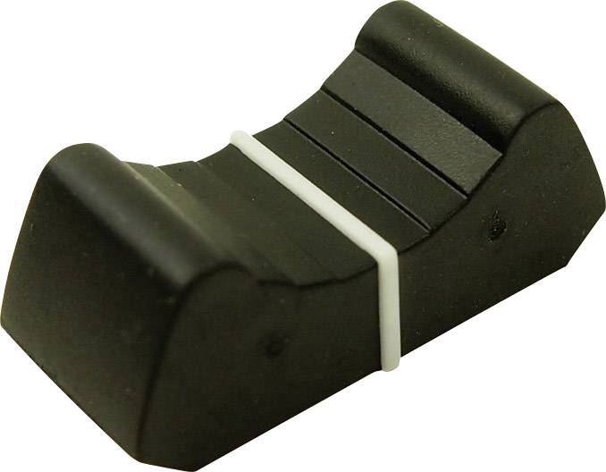 A black, curved plastic cable clip with grooves and a white rubber band in the middle.