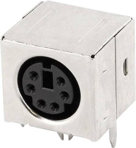 A rectangular, silver socket with six round holes in a black circle for electronic devices.