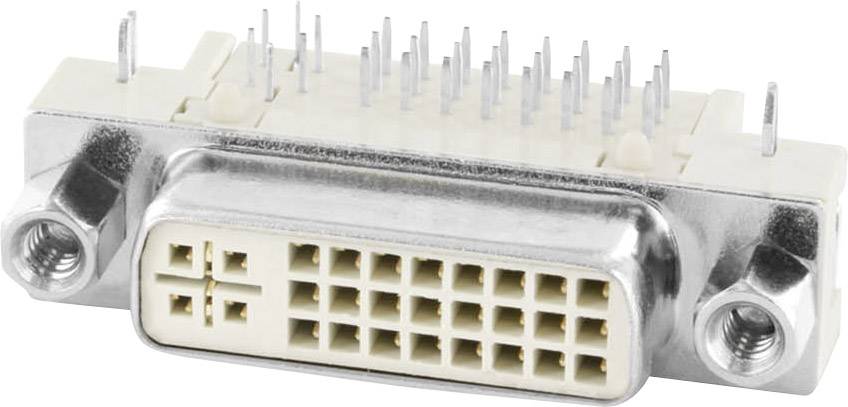 A DVI plug with numerous pins and a metal casing. Used to transmit digital video signals between devices.