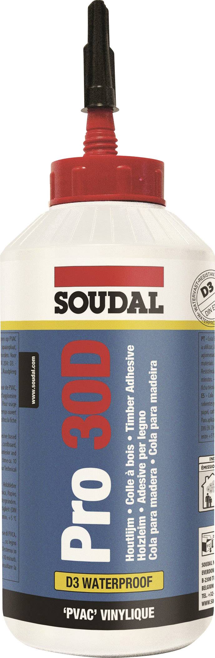 Adhesive bottle 'Soudal Pro 30D', 750 ml, waterproof, for wood. White and blue label with red lettering. Dispenser cap on top.