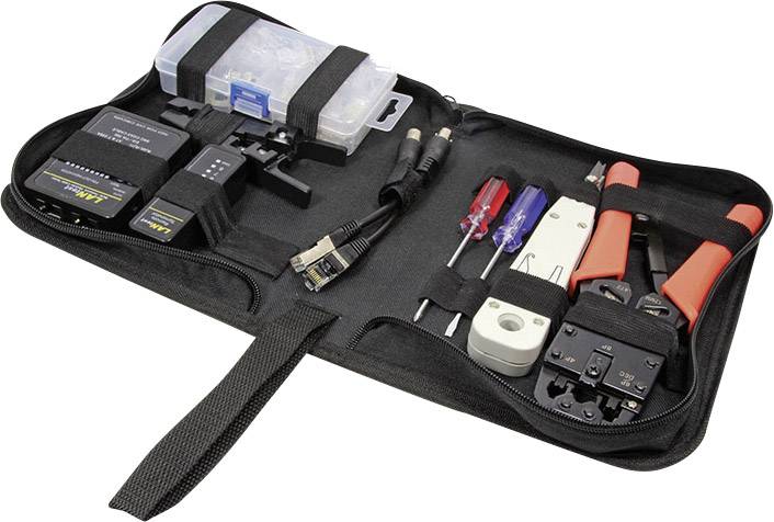 Tool set in an open bag with pliers, screwdrivers, cable cutters, and a network cable tester for repairs.