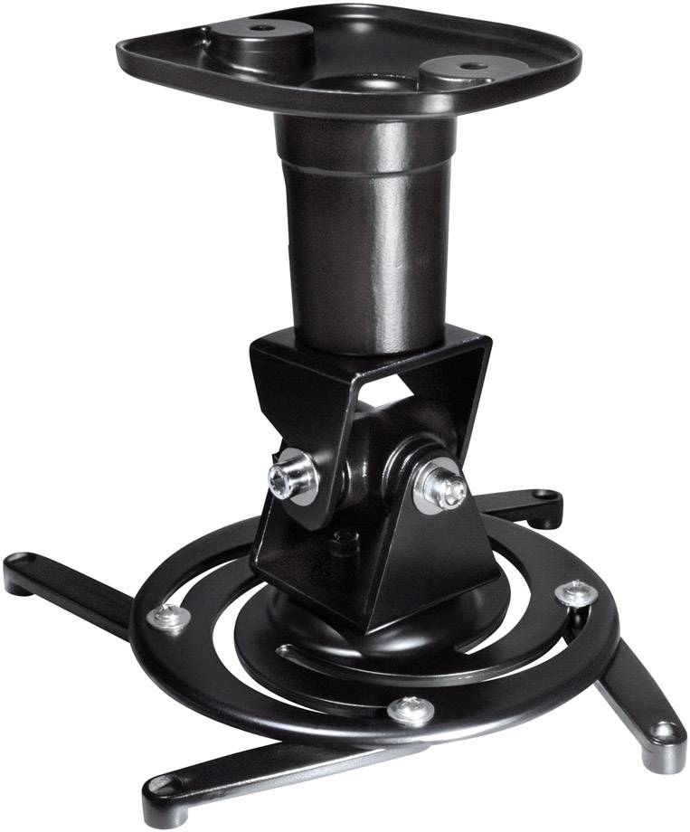 Black, adjustable ceiling mount for projectors, comprising metal components and screws. Ideal for secure mounting.