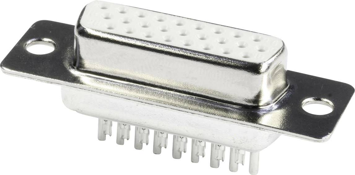 A silver-coloured, rectangular plug with 15 round contact holes, mounted on a small metal base with two mounting apertures.