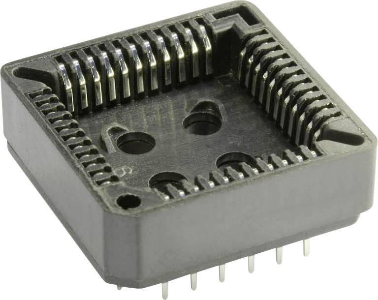 An empty integrated circuit (IC) socket housing for electronic components, square-shaped with multiple pin slots along the edges.