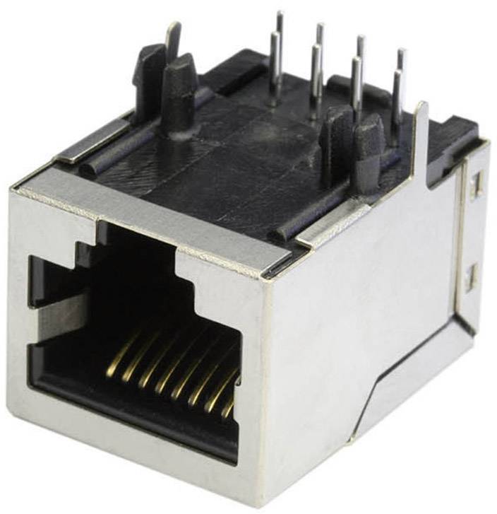 RJ45 Ethernet socket with eight gold-plated contacts and guide pins. It is used for network connections.