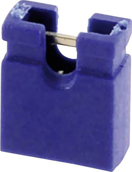A blue jumper for configuring printed circuit boards. It contains a metal bridge to establish electrical connections.