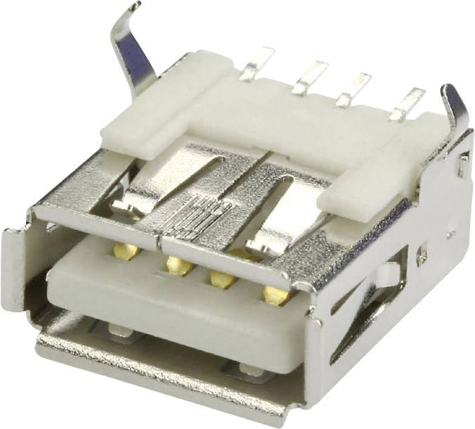A USB port in close-up, showing the metal contacts and housing construction made of metal and plastic.