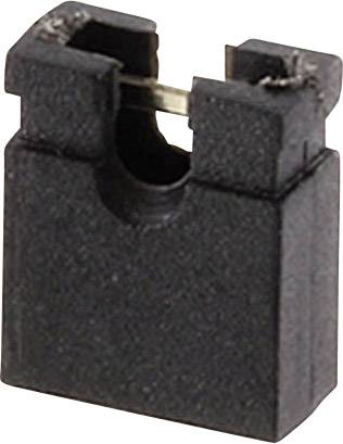 A black electrical jumper wire, commonly used on circuit boards to connect or disconnect circuits.