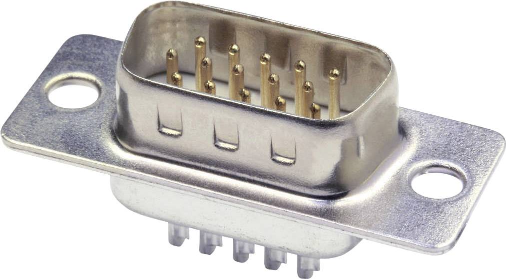 Metal connector with multiple gold-coloured contacts, rectangular shape and mounting tabs, used for electronic connections.