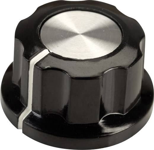 Black volume control knob with a silver top and white marking line. Commonly used on electronic devices.