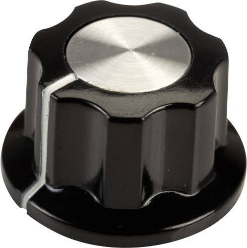 Black rotary knob with silver insert, ridged sides, white marking line. Commonly used on electronic devices.