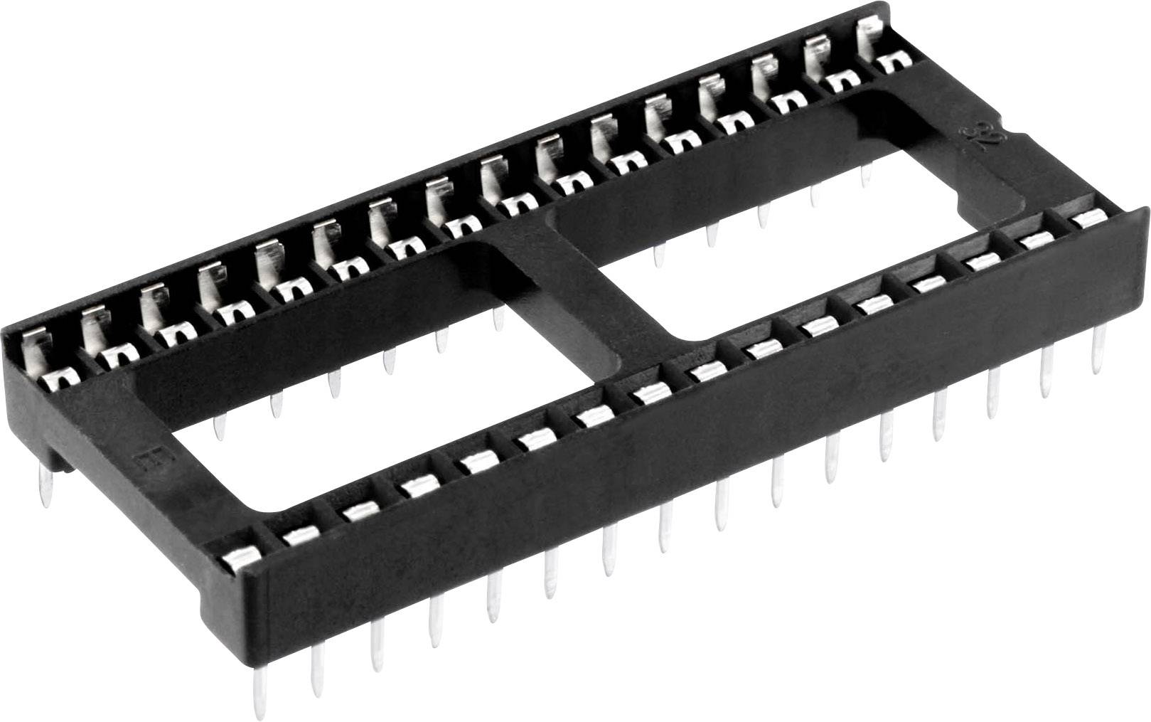 A black 28-pin IC socket, suitable for use in electronic circuits, on a white background.