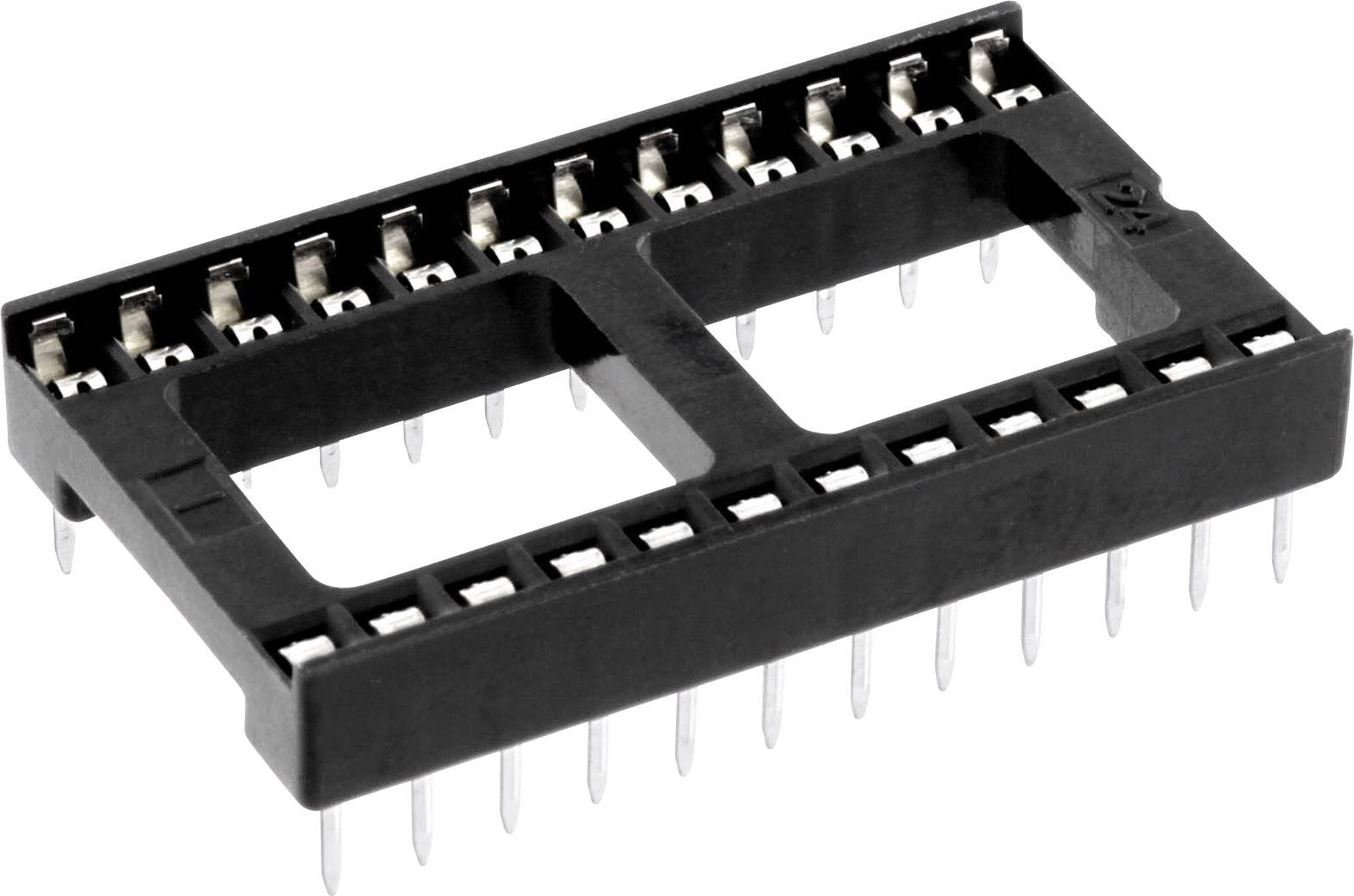 Plastic socket with 24 metal pins, suitable for integrated circuits, black housing, designed for secure connection on printed circuit boards.