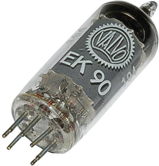 An electron tube with the inscription 'EK 90' and the 'Valvo' logo. It has several metal pins at one end.