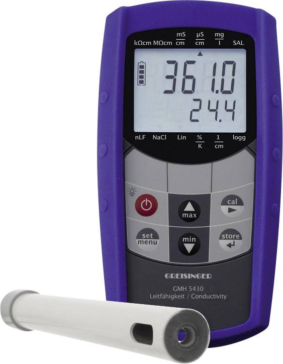 A conductivity measuring device with display. Shows measurement values of 361.0 and 24.4. Buttons for menu, maximum value, memory, and calibration.