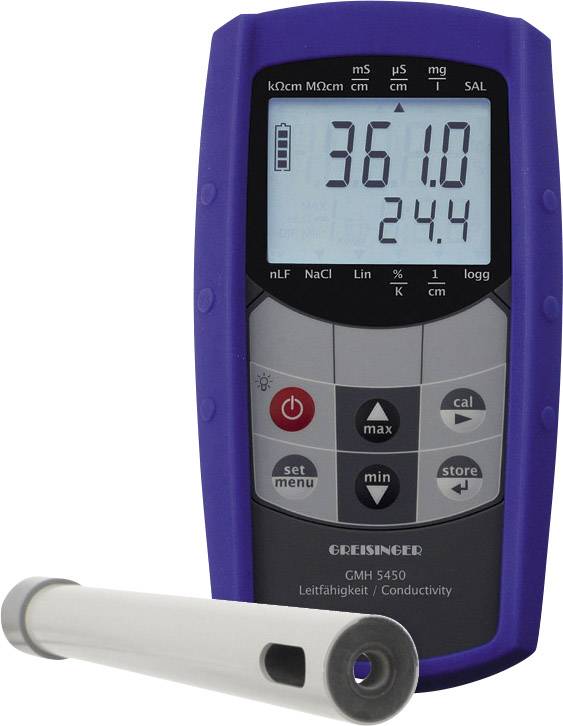 Conductivity meter GMH 5450 with blue casing, displaying measurement values of 361.0 µS/cm and 24.4 °C, with removable probe at the front.