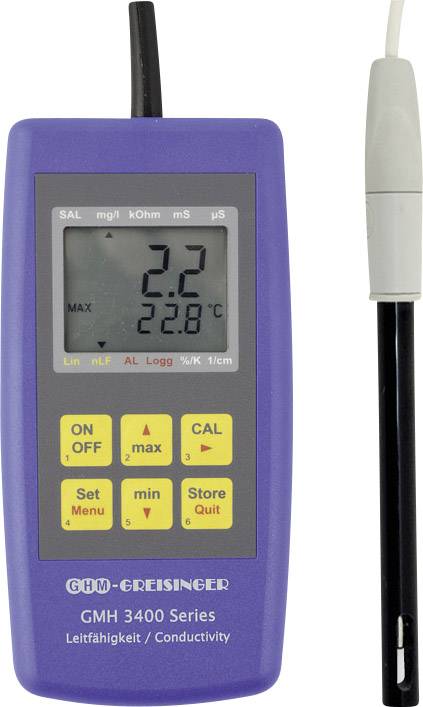 A blue conductivity measuring device shows '2.2 mS' and '22.8°C' on the display. It has yellow buttons with various functions.