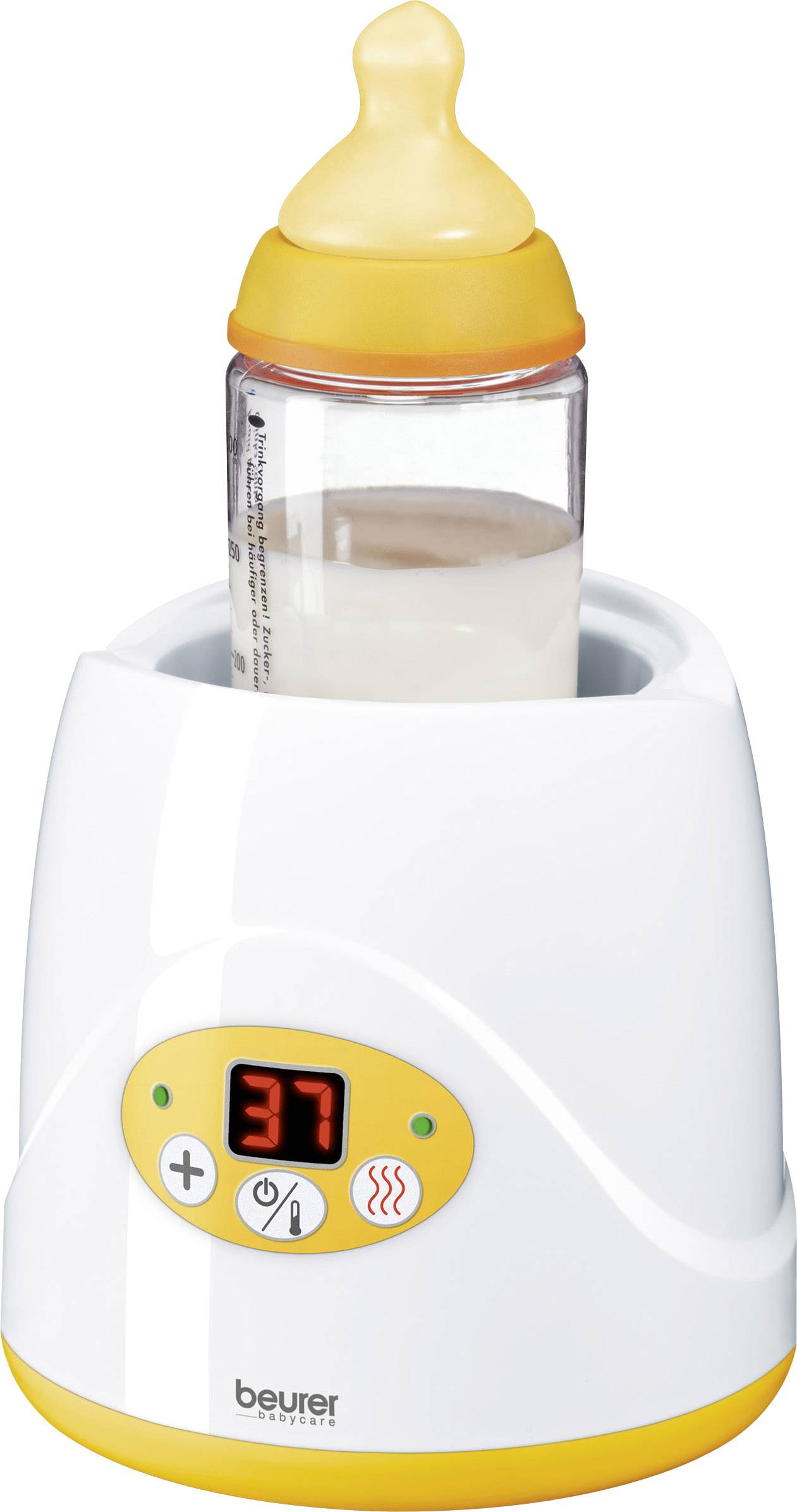 Electric bottle warmer with digital display. Shows '37' as the temperature. Bottle with milk and yellow teat inserted.
