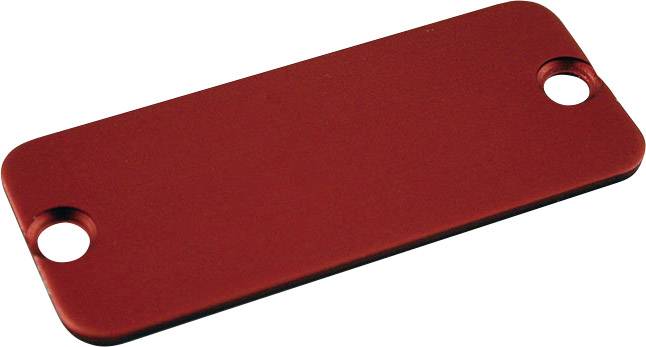 Rectangular red metal plate with two holes, one at each end.