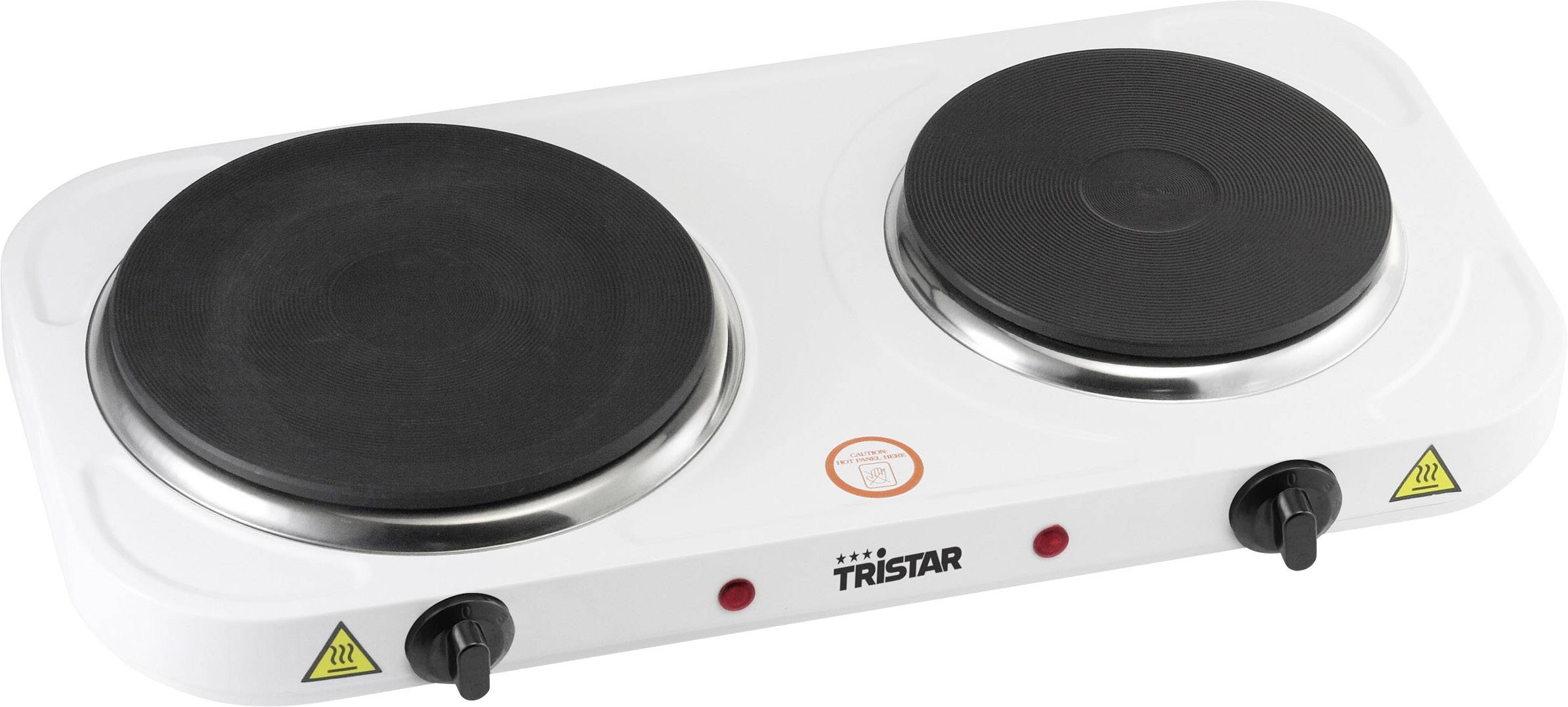 White electric double hob with two black cooking surfaces and controls at the front.